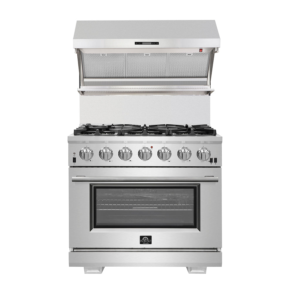 FORNO Package - 36 Inch Dual Fuel Range, Wall Mount Range Hood, Refrigerator, Microwave Drawer, Dishwasher, AP-FFSGS6156-36-8