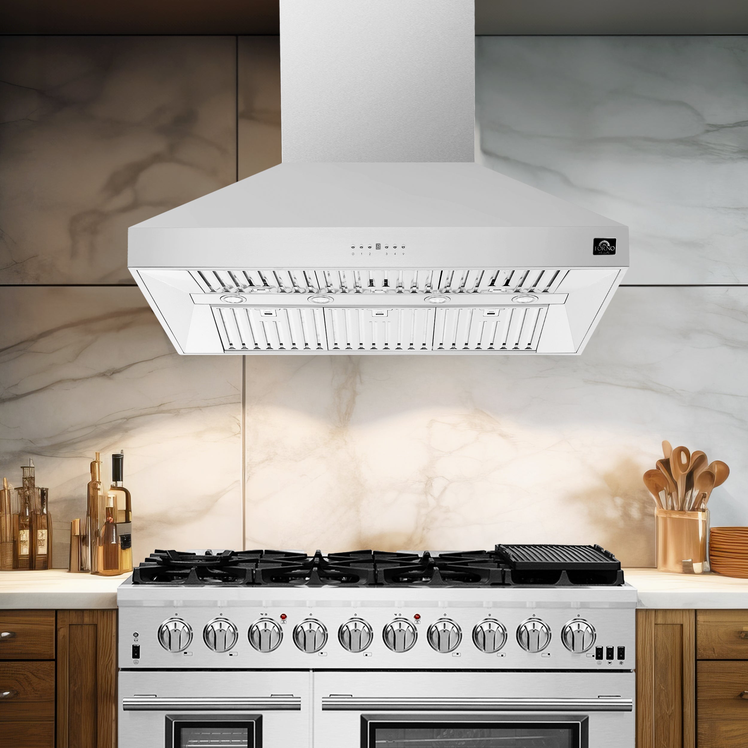 FORNO Appliance Package - 48" Gas Range, Range Hood, 60" Refrigerator, Dishwasher, Microwave Drawer, AP-FFSGS6244-48-5P