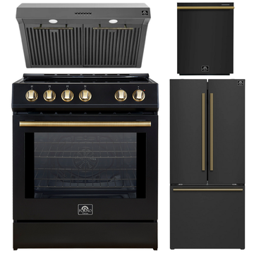 FORNO Espresso Package - 30" Induction Range, Range Hood, 30" Refrigerator with Ice Maker and Dishwasher in Black with Antique Brass Accents