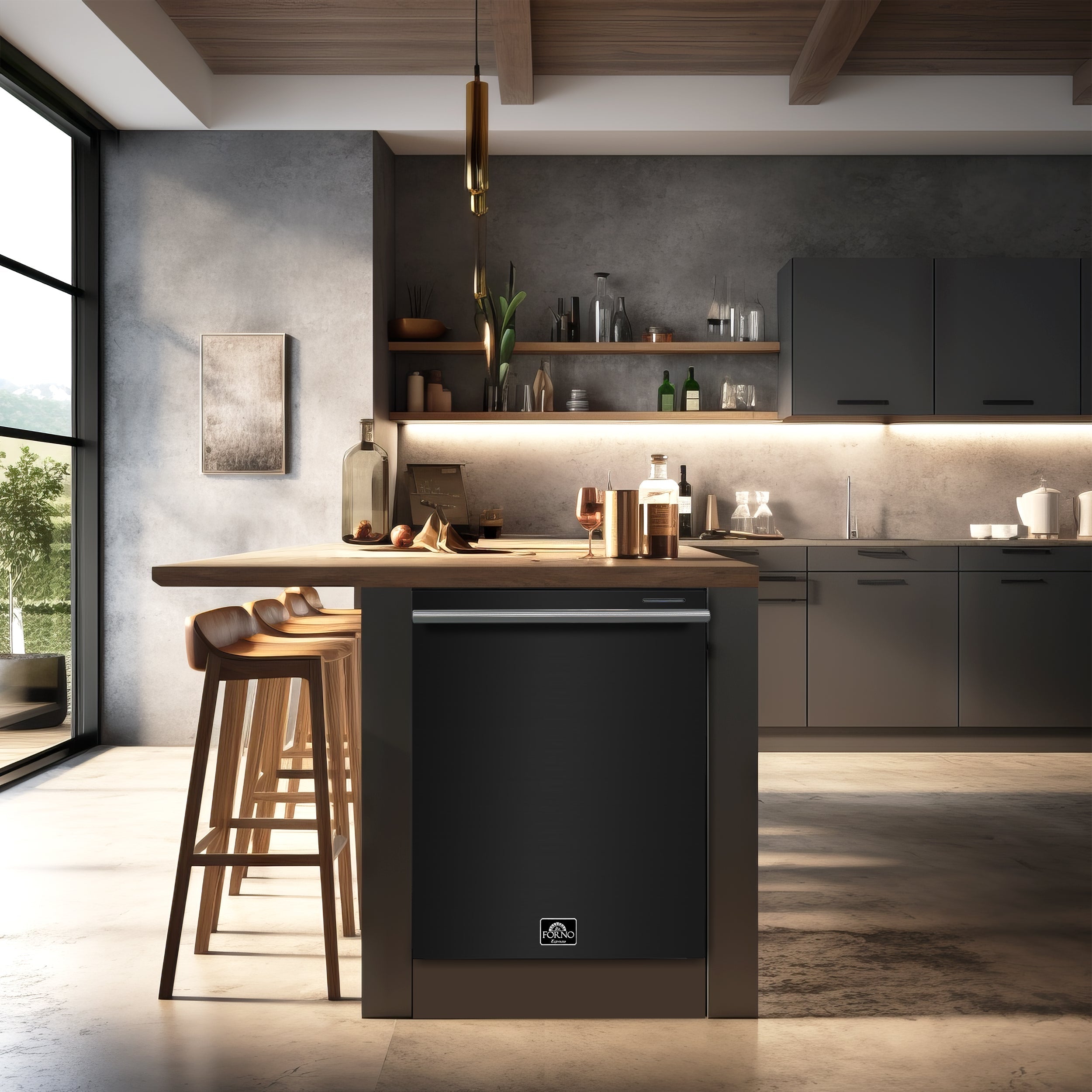 FORNO Espresso Package - 30" Induction Range, 30" Refrigerator with Ice Maker, Dishwasher and 24" Microwave Drawer in Black with Stainless Steel Accents