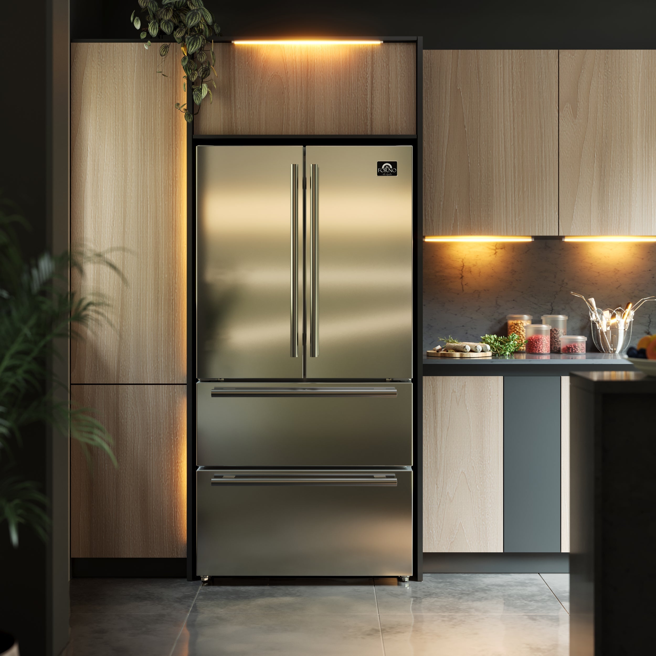FORNO Espresso Package - 30" Induction Range, 36" Refrigerator with Ice Maker, Dishwasher and 24" Microwave Drawer in Stainless Steel
