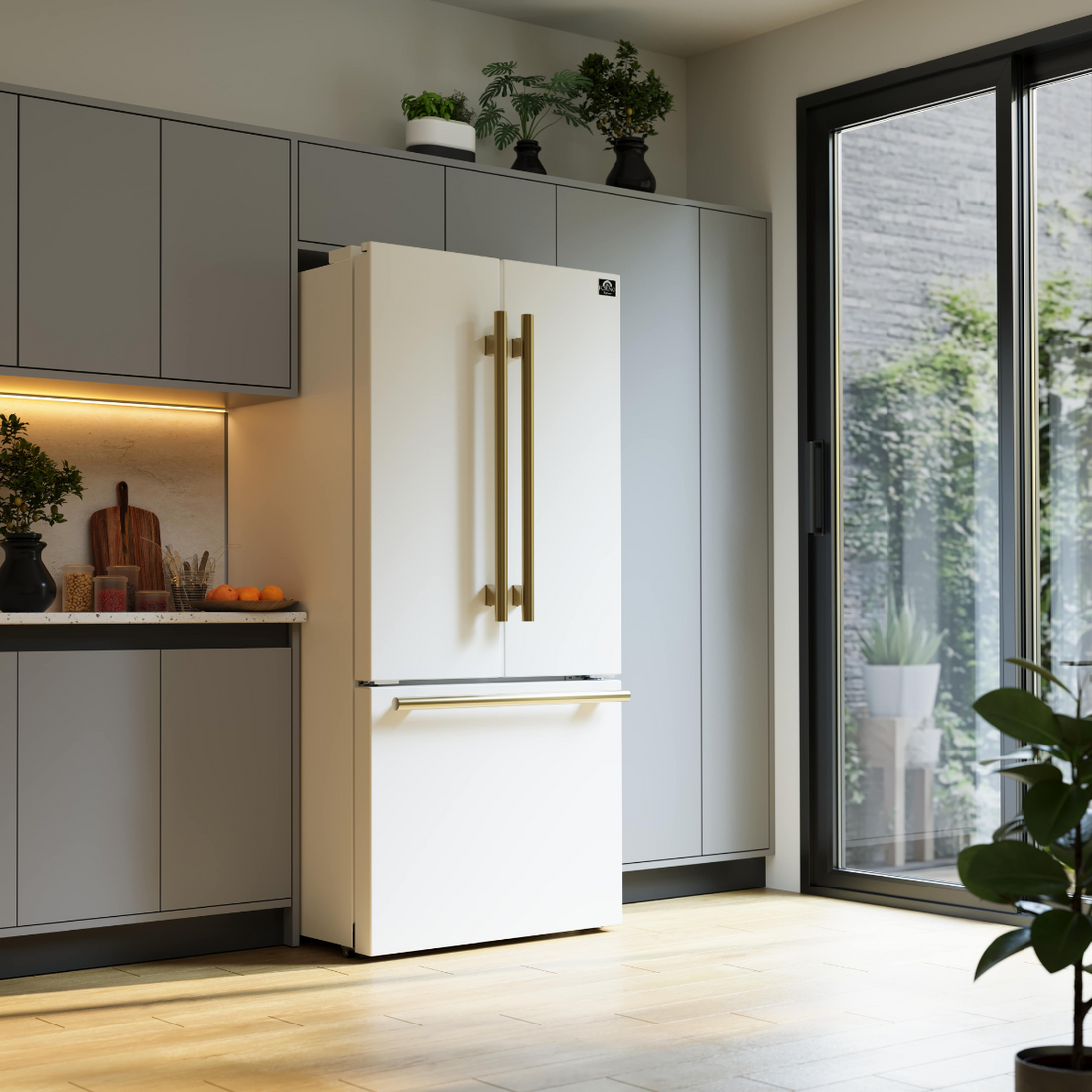 FORNO Espresso Package - 30" Induction Range, Range Hood, 30" Refrigerator with Ice Maker and Dishwasher in White with Antique Brass Accents