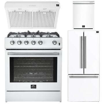 FORNO Espresso Package - 30" Gas Range, Range Hood, 30" Refrigerator with Ice Maker and Dishwasher in White with Stainless Steel Accents