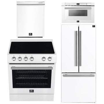 FORNO Espresso Package - 30" Electric Range, 30" Refrigerator with Ice Maker, Dishwasher and 24" Microwave Drawer in White with Stainless Steel Accents