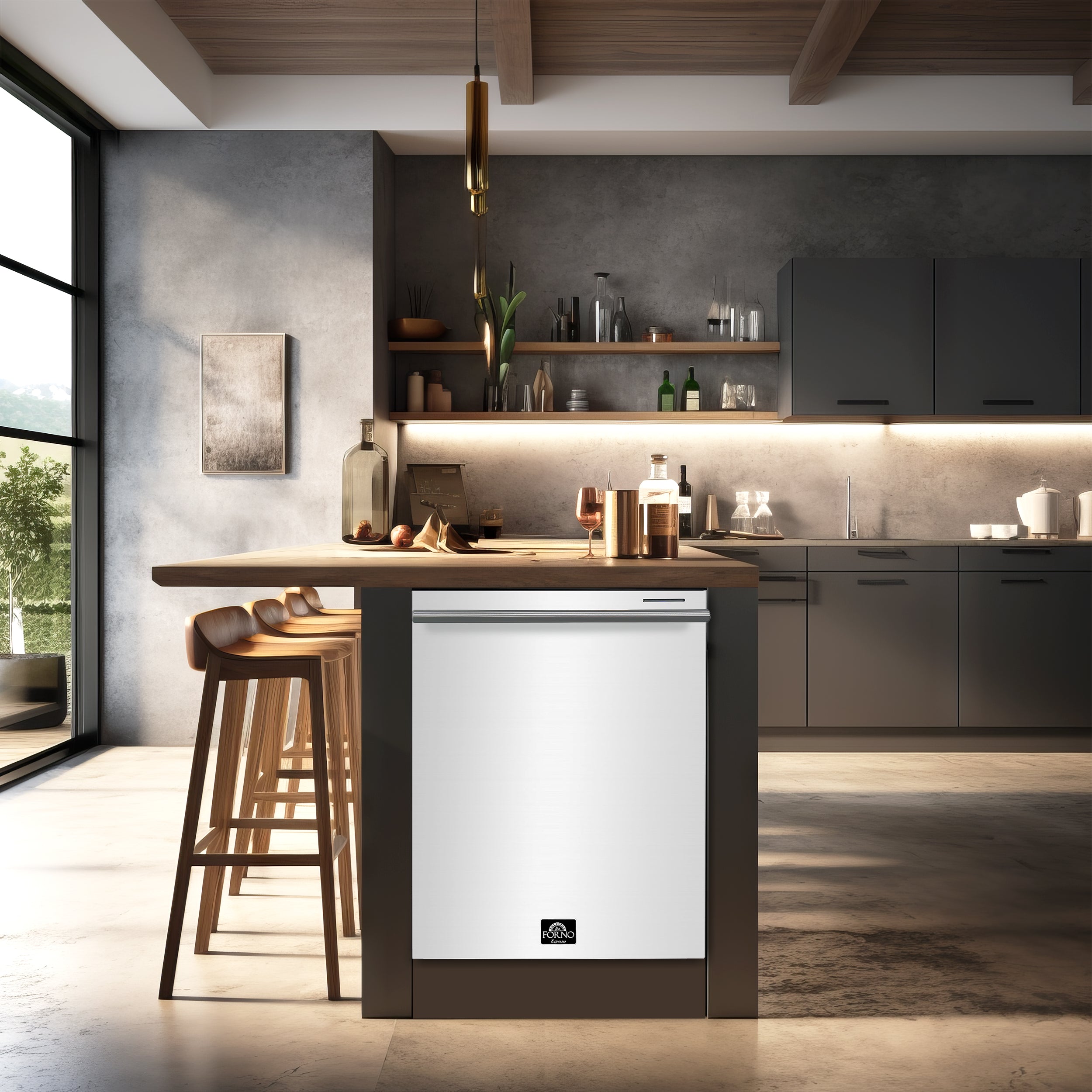 FORNO Espresso Package - 30" Electric Range, 30" Refrigerator with Ice Maker, Dishwasher and 24" Microwave Drawer in White with Stainless Steel Accents