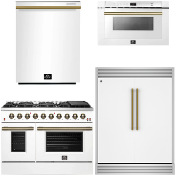 FORNO Galiano Package - 48" Gas Range, 60" Side-by-Side Refrigerator with Grill Trim, Dishwasher and 24" Microwave Drawer in White with Antique Brass Accents