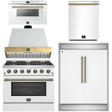FORNO Galiano Package - 36" Dual Fuel Range, Range Hood, 60" Side-by-Side Refrigerator, Dishwasher and 24" Microwave Drawer in White with Antique Brass Accents