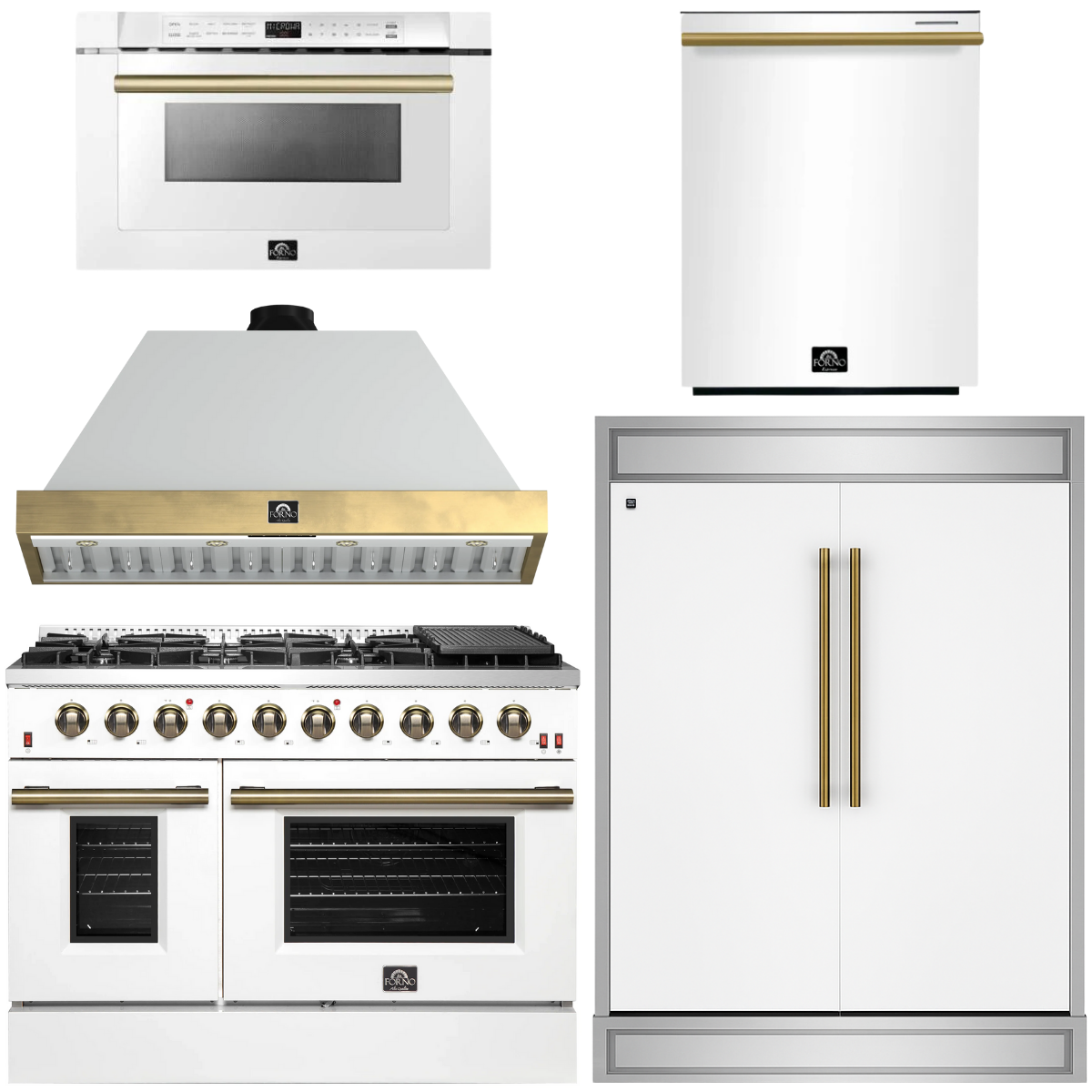 FORNO Galiano Package - 48" Gas Range, Range Hood, 60" Side-by-Side Refrigerator, Dishwasher and 24" Microwave Drawer in White with Antique Brass Accents