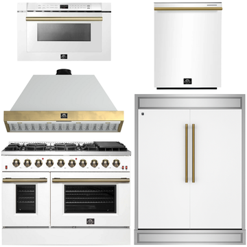 FORNO Galiano Package - 48" Gas Range, Range Hood, 60" Side-by-Side Refrigerator, Dishwasher and 24" Microwave Drawer in White with Antique Brass Accents