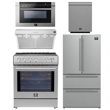 FORNO Espresso Package - 30" Induction Range, Range Hood, 36" Refrigerator with Ice Maker, Dishwasher and 24" Microwave Drawer in Stainless Steel