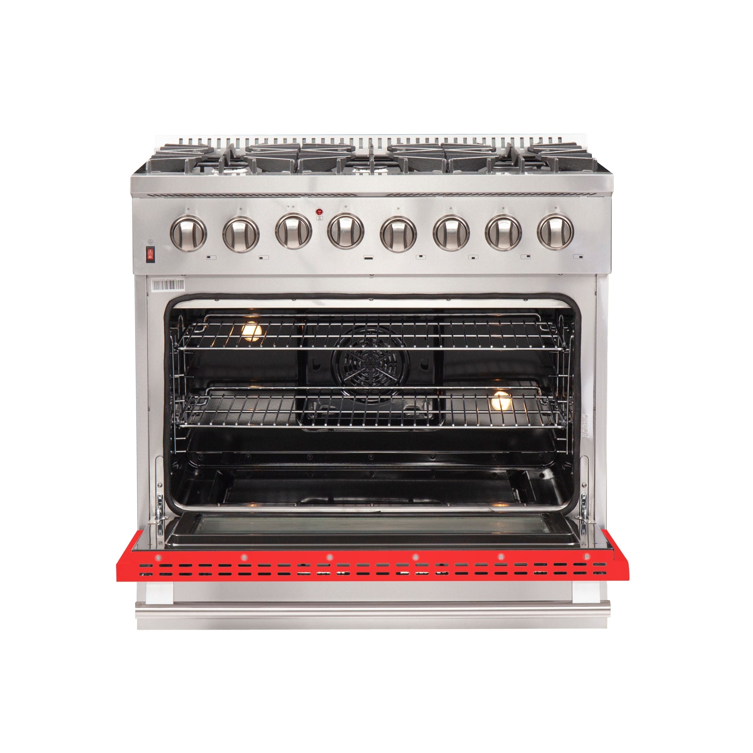 Forno Galiano 36 Inch Dual Fuel Range, 5.36 cu. ft. Oven, 6 Sealed Burners, Red Finish, Model FFSGS6156-36RED