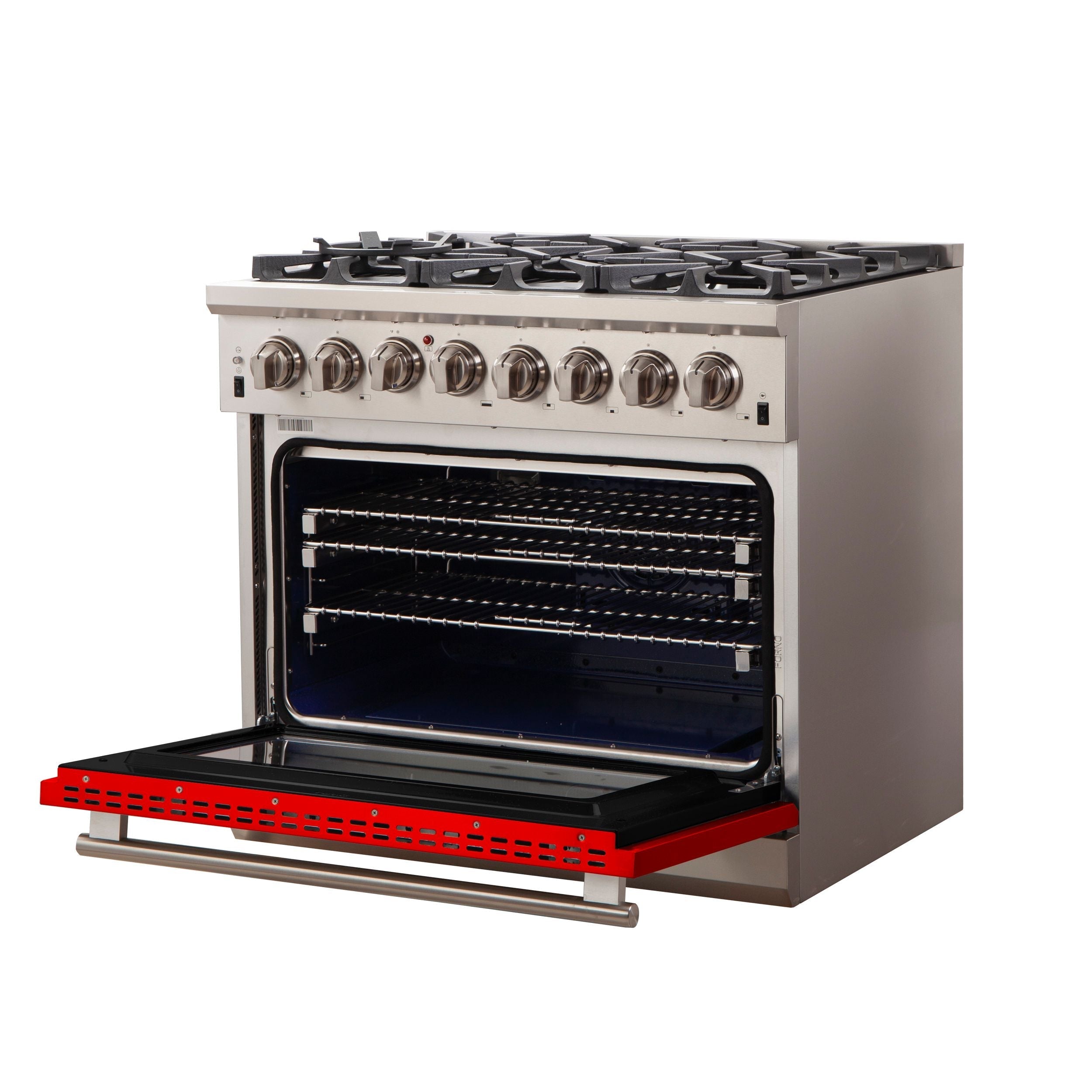 FORNO Capriasca 36-Inch Dual Fuel Range, 5.36 cu. ft. Oven, 6 Sealed Brass Burners, Red Stainless Steel Finish – Model FFSGS6187-36RED