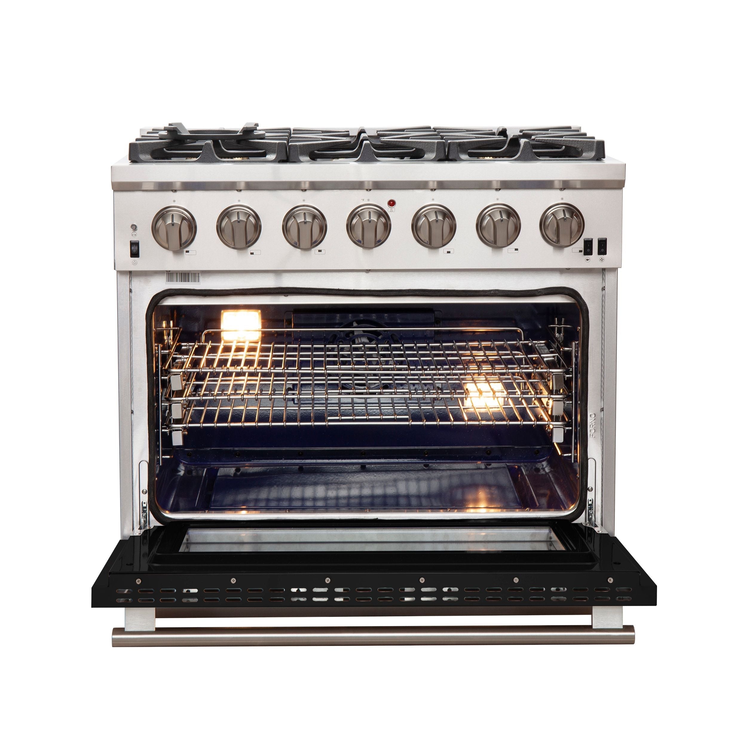 Forno Capriasca 36-Inch Gas Range, 5.36 cu. ft. Oven, 6 Sealed Gas Burners, Black Finish (Model FFSGS6260-36BLK)