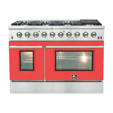 Forno Galiano 48-Inch Gas Range, 8 Sealed Brass Burners, 6.58 cu. ft. Double Oven, Red Stainless Steel, Model FFSGS6244-48RED