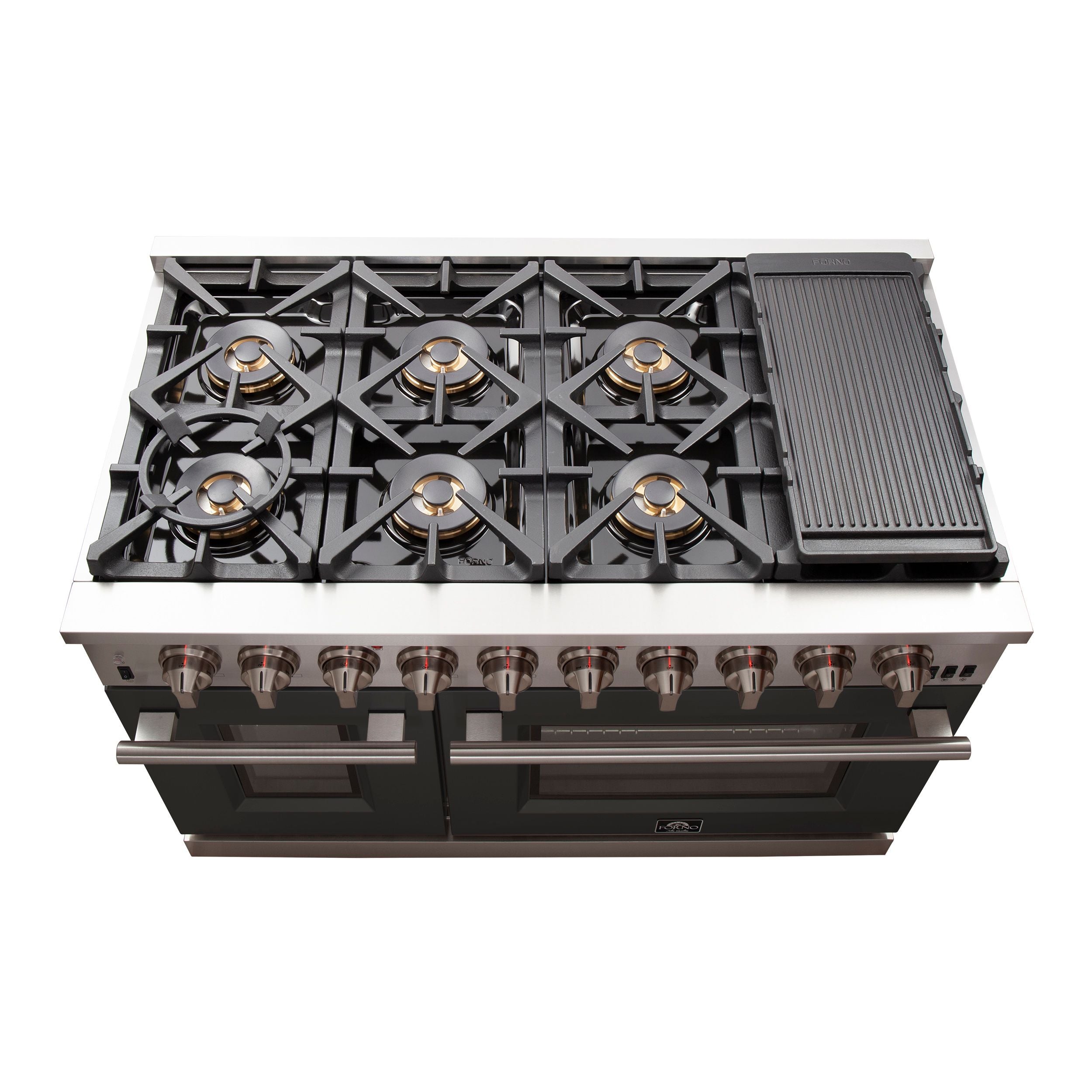 FORNO Capriasca 48-Inch Gas Range, 6.58 cu. ft., 8 Sealed Italian Brass Burners, Black, Model FFSGS6260-48BLK