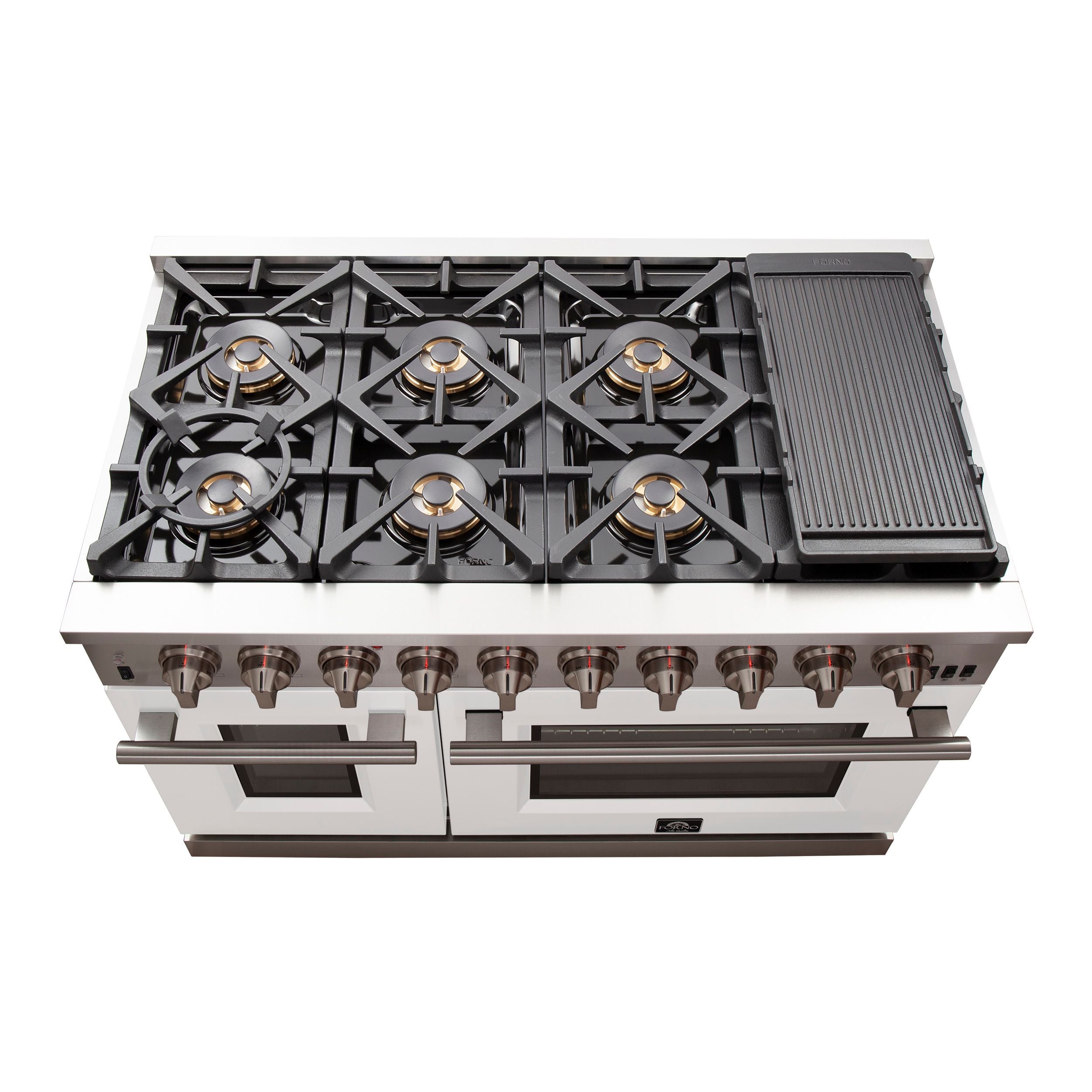 FORNO Capriasca 48-Inch Gas Range, 6.58 cu. ft. Total Oven Capacity, 8 Sealed Brass Burners, White Finish – Model FFSGS6260-48WHT