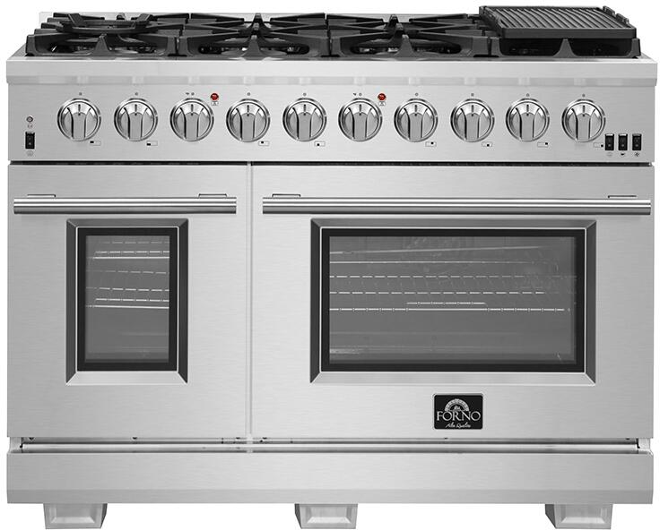 FORNO Package - 48" Dual Fuel Range, Wall Mount Range Hood, Refrigerator, Microwave, Dishwasher