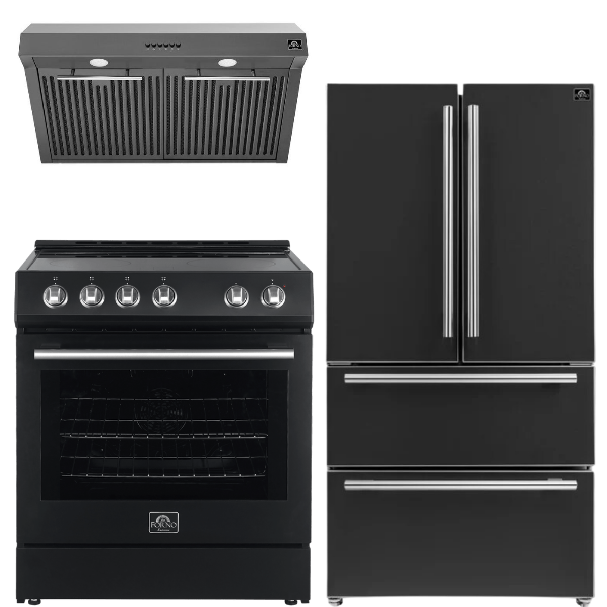 FORNO Espresso Package - 30" Electric Range, Range Hood and Refrigerator in Black with Stainless Steel Handles