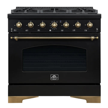 Forno Antico 36-Inch Dual Fuel Range, 4.5 cu. ft., 6 Sealed Burners, Black with Antique Brass Accents (Model FFSGS6113-36BLK)