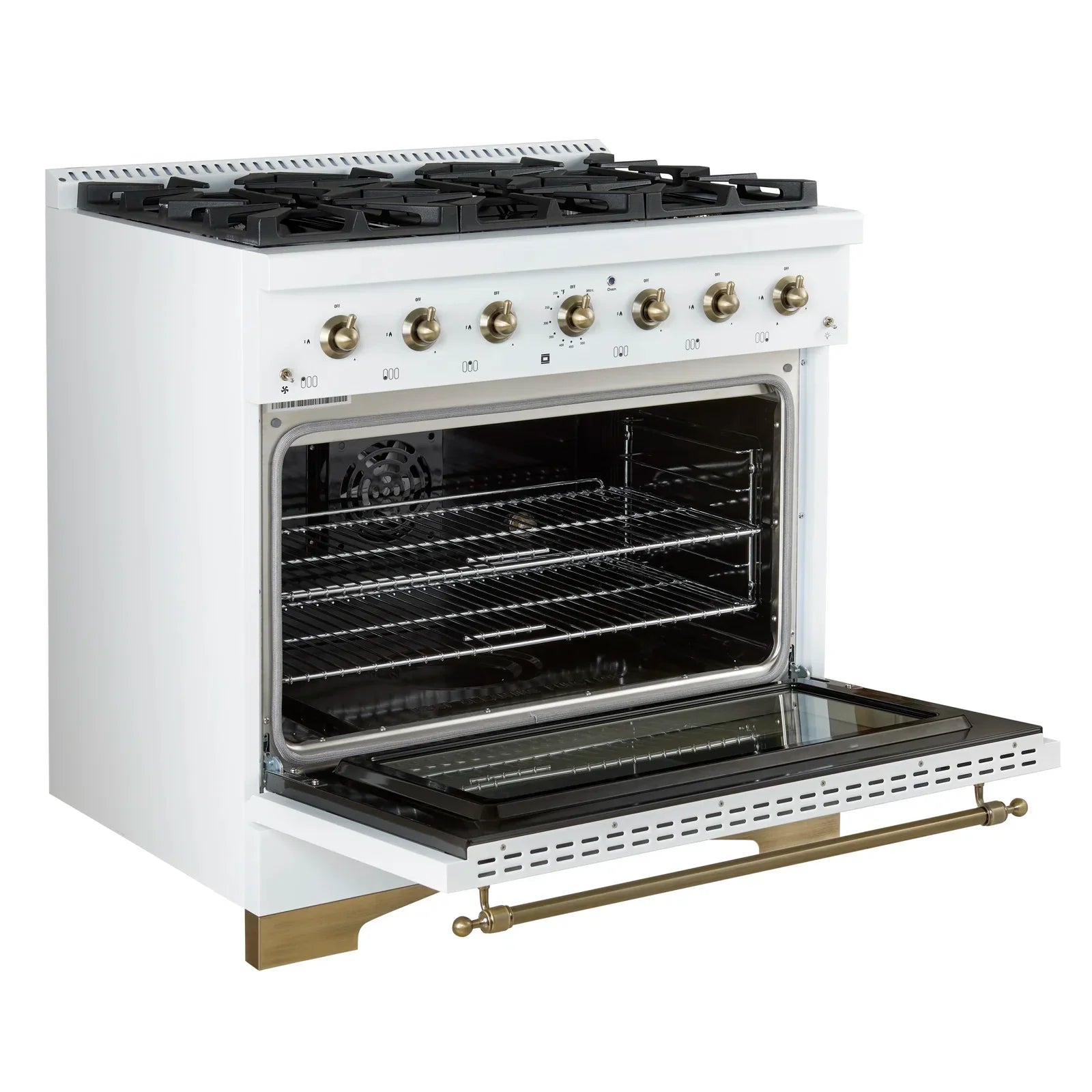 Forno Antico 36 in. Gas Range, 4.5 cu. ft. Oven, 6 Sealed Burners, White with Antique Brass Accents (Model FFSGS6219-36WHT)