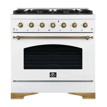 Forno Antico 36-Inch Dual Fuel Range, 4.5 cu. ft. Oven, 6 Sealed Burners, White with Antique Brass Accents (Model FFSGS6113-36WHT)