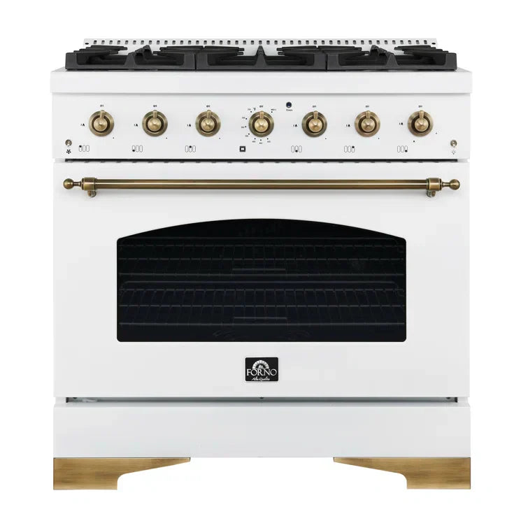 Forno Antico 36-Inch Dual Fuel Range, 4.5 cu. ft. Oven, 6 Sealed Burners, White with Antique Brass Accents (Model FFSGS6113-36WHT)