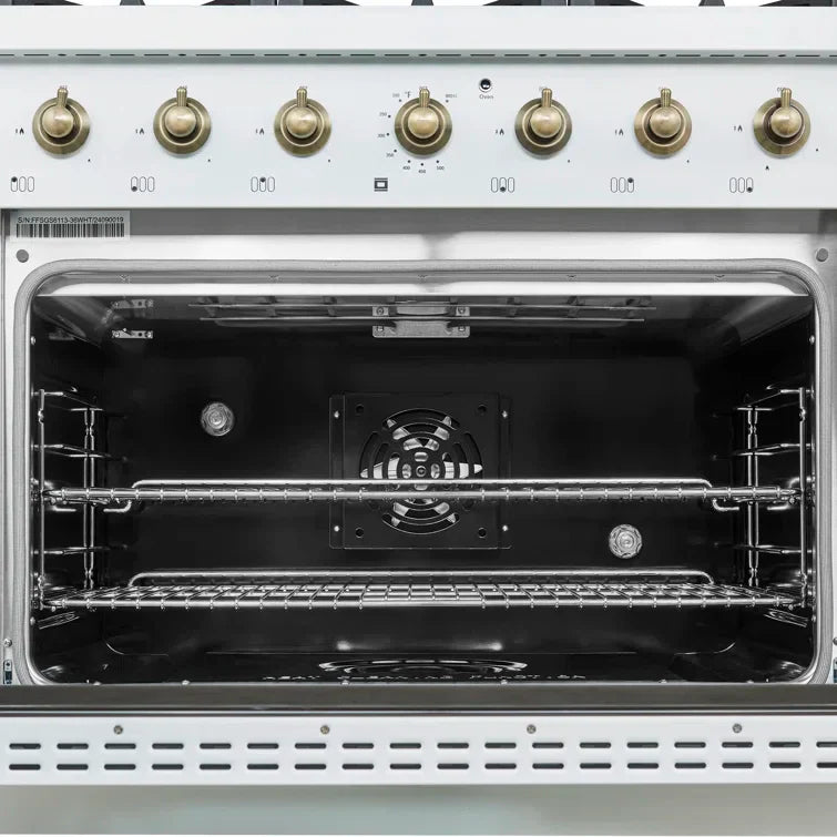 Forno Antico 36 in. Gas Range, 4.5 cu. ft. Oven, 6 Sealed Burners, White with Antique Brass Accents (Model FFSGS6219-36WHT)