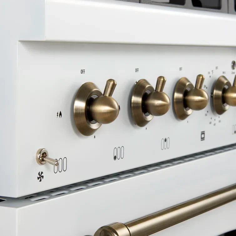 Forno Antico 36-Inch Dual Fuel Range, 4.5 cu. ft. Oven, 6 Sealed Burners, White with Antique Brass Accents (Model FFSGS6113-36WHT)