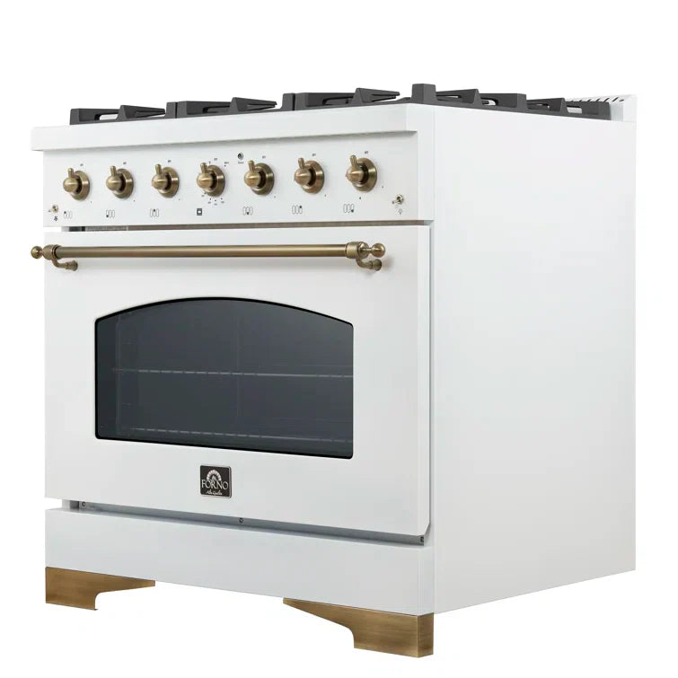 Forno Antico 36 in. Gas Range, 4.5 cu. ft. Oven, 6 Sealed Burners, White with Antique Brass Accents (Model FFSGS6219-36WHT)