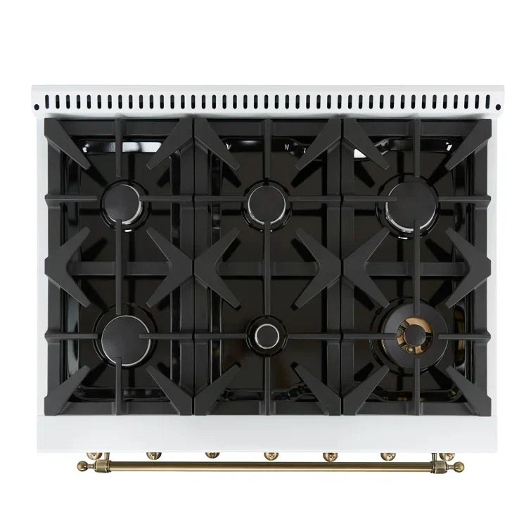 Forno Antico 36-Inch Dual Fuel Range, 4.5 cu. ft. Oven, 6 Sealed Burners, White with Antique Brass Accents (Model FFSGS6113-36WHT)