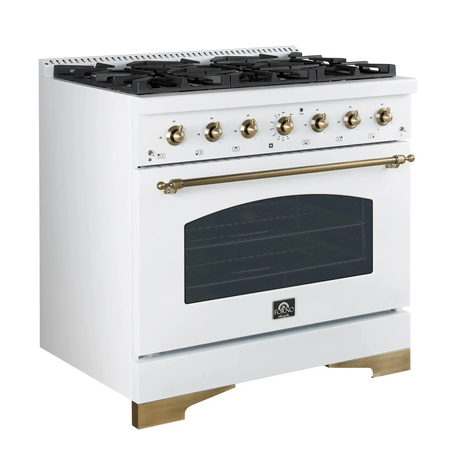 Forno Antico 36 in. Gas Range, 4.5 cu. ft. Oven, 6 Sealed Burners, White with Antique Brass Accents (Model FFSGS6219-36WHT)