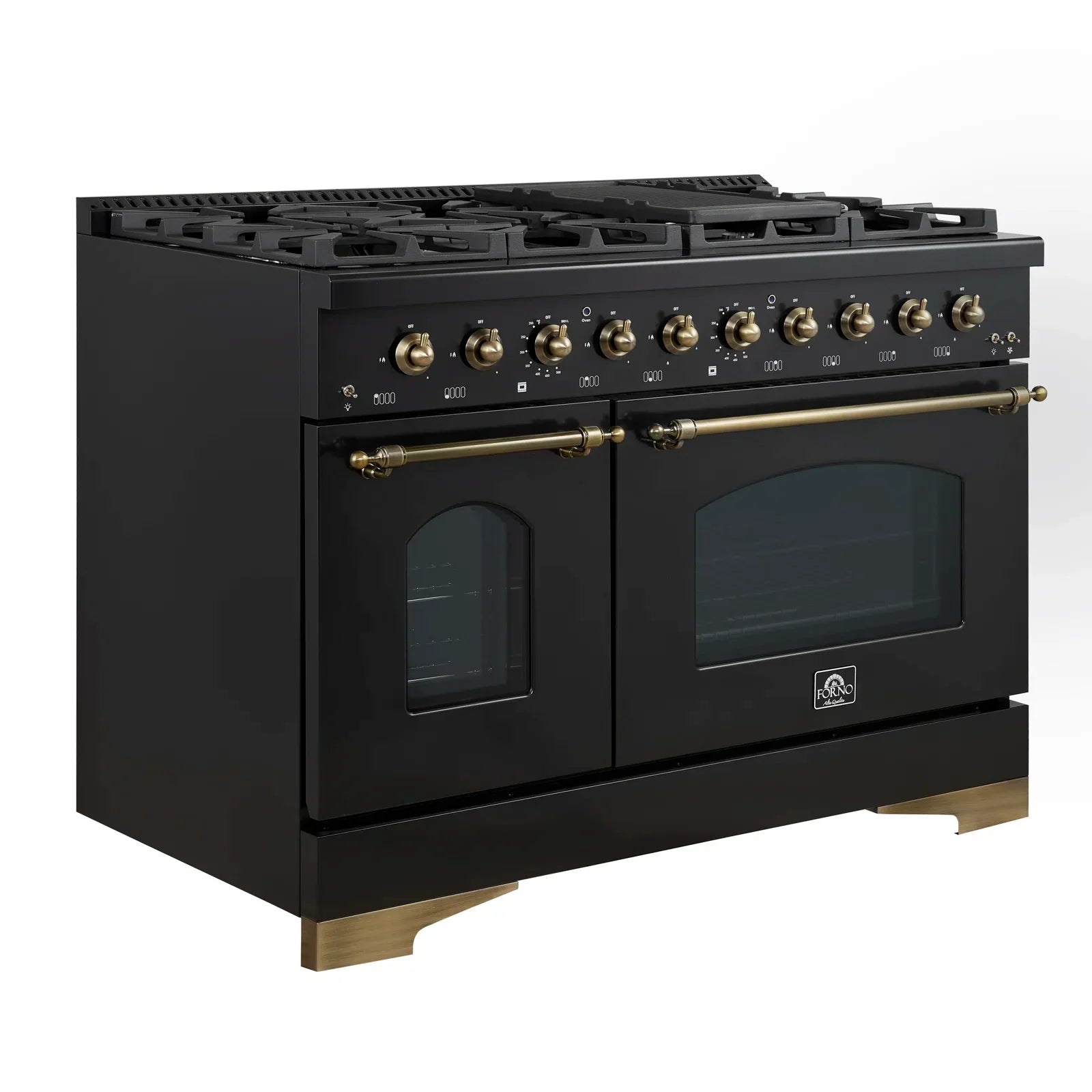 FORNO Antico 48-Inch Dual Fuel Range, 5.5 cu. ft. Oven, 8 Sealed Burners with Griddle, Black with Antique Brass Accents (FFSGS6113-48BLK)