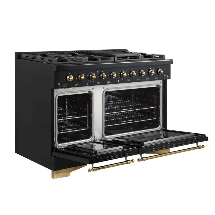 FORNO Antico 48-Inch Dual Fuel Range, 5.5 cu. ft. Oven, 8 Sealed Burners with Griddle, Black with Antique Brass Accents (FFSGS6113-48BLK)