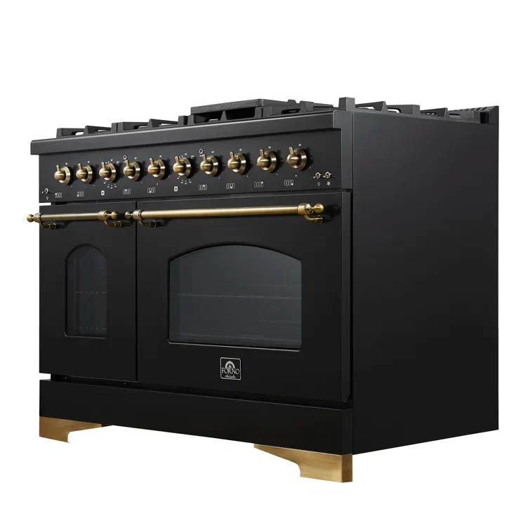 FORNO Antico 48-Inch Dual Fuel Range, 5.5 cu. ft. Oven, 8 Sealed Burners with Griddle, Black with Antique Brass Accents (FFSGS6113-48BLK)
