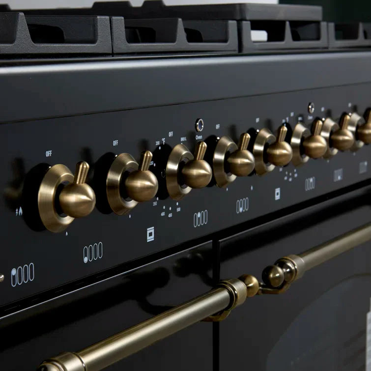 FORNO Antico 48-Inch Dual Fuel Range, 5.5 cu. ft. Oven, 8 Sealed Burners with Griddle, Black with Antique Brass Accents (FFSGS6113-48BLK)