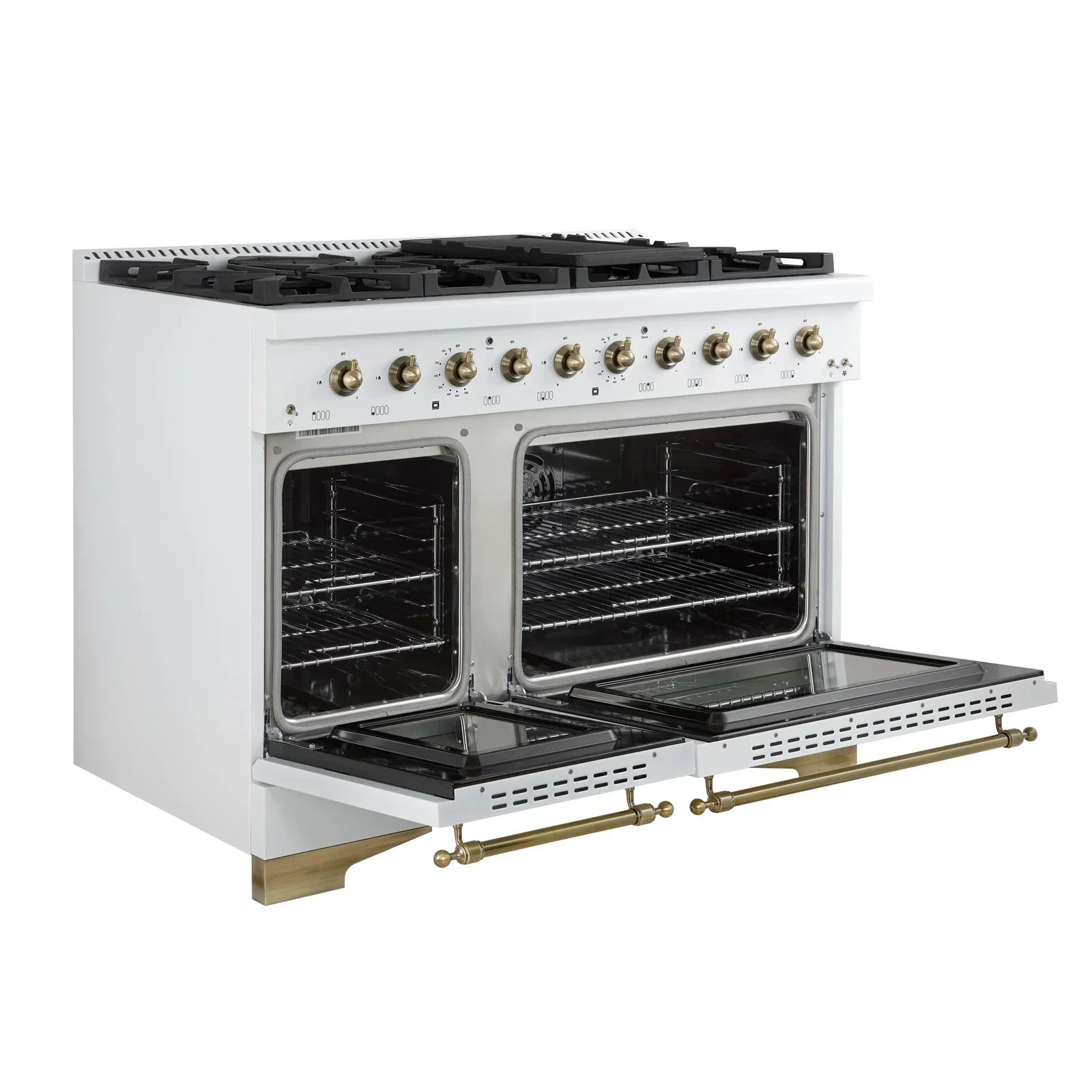 Forno Antico 48-Inch Dual Fuel Range, 5.5 cu. ft. Oven, 8 Sealed Burners, Griddle, White with Antique Brass Accents (FFSGS6113-48WHT)