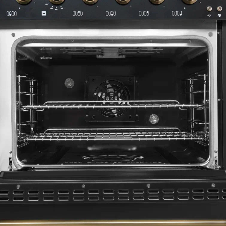 FORNO Antico 48-Inch Dual Fuel Range, 5.5 cu. ft. Oven, 8 Sealed Burners with Griddle, Black with Antique Brass Accents (FFSGS6113-48BLK)