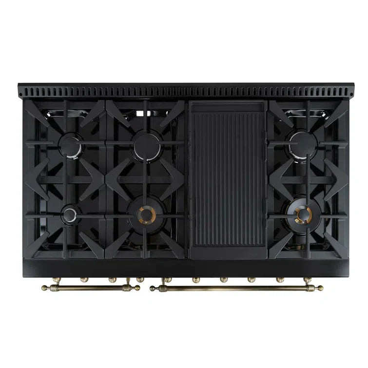 FORNO Antico 48-Inch Dual Fuel Range, 5.5 cu. ft. Oven, 8 Sealed Burners with Griddle, Black with Antique Brass Accents (FFSGS6113-48BLK)