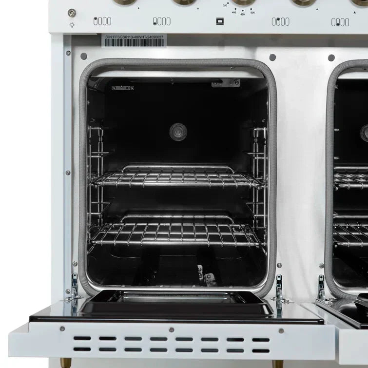 Forno Antico 48-Inch Dual Fuel Range, 5.5 cu. ft. Oven, 8 Sealed Burners, Griddle, White with Antique Brass Accents (FFSGS6113-48WHT)