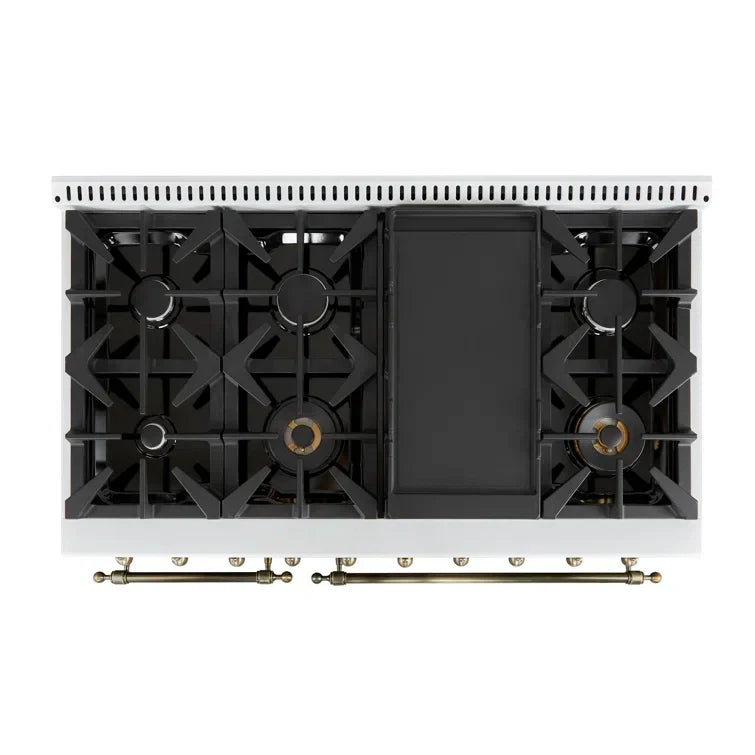 FORNO Antico 48-Inch Freestanding Gas Range, 8 Sealed Burners, Griddle, 5.5 cu. ft. Oven, White with Antique Brass Accents (FFSGS6219-48WHT)
