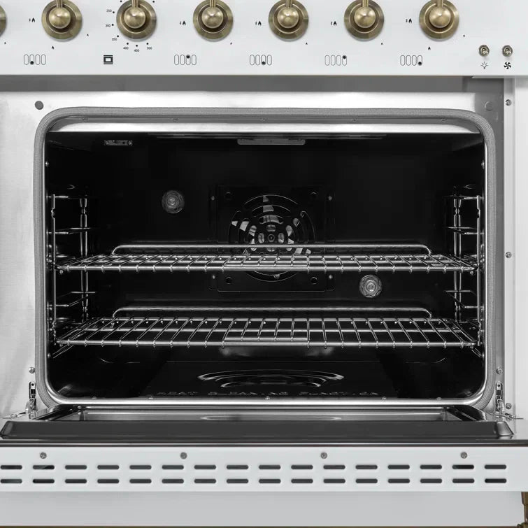 Forno Antico 48-Inch Dual Fuel Range, 5.5 cu. ft. Oven, 8 Sealed Burners, Griddle, White with Antique Brass Accents (FFSGS6113-48WHT)