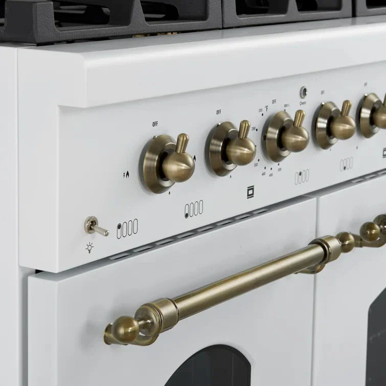 FORNO Antico 48-Inch Freestanding Gas Range, 8 Sealed Burners, Griddle, 5.5 cu. ft. Oven, White with Antique Brass Accents (FFSGS6219-48WHT)