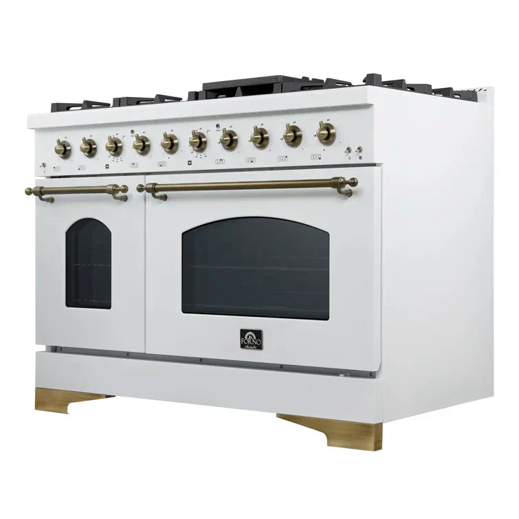 Forno Antico 48-Inch Dual Fuel Range, 5.5 cu. ft. Oven, 8 Sealed Burners, Griddle, White with Antique Brass Accents (FFSGS6113-48WHT)