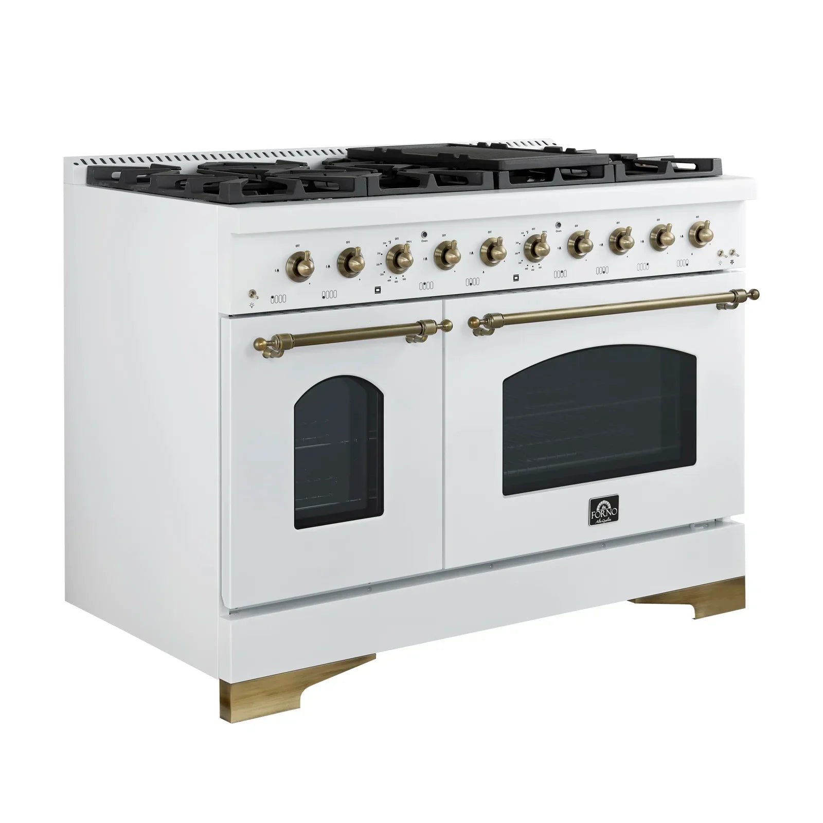 FORNO Antico 48-Inch Freestanding Gas Range, 8 Sealed Burners, Griddle, 5.5 cu. ft. Oven, White with Antique Brass Accents (FFSGS6219-48WHT)