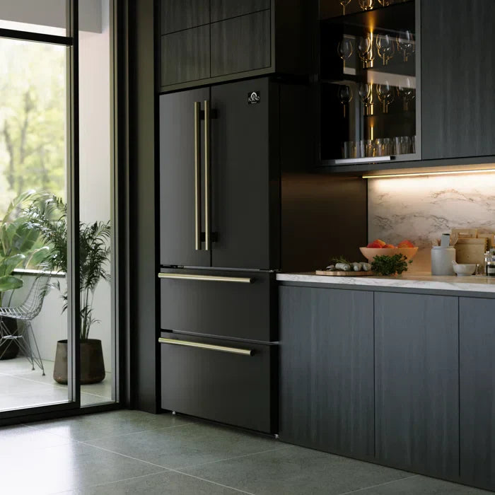 FORNO Espresso Package - 36" Dual Fuel Range, 36" Refrigerator, Microwave in Black with Antique Brass Accents