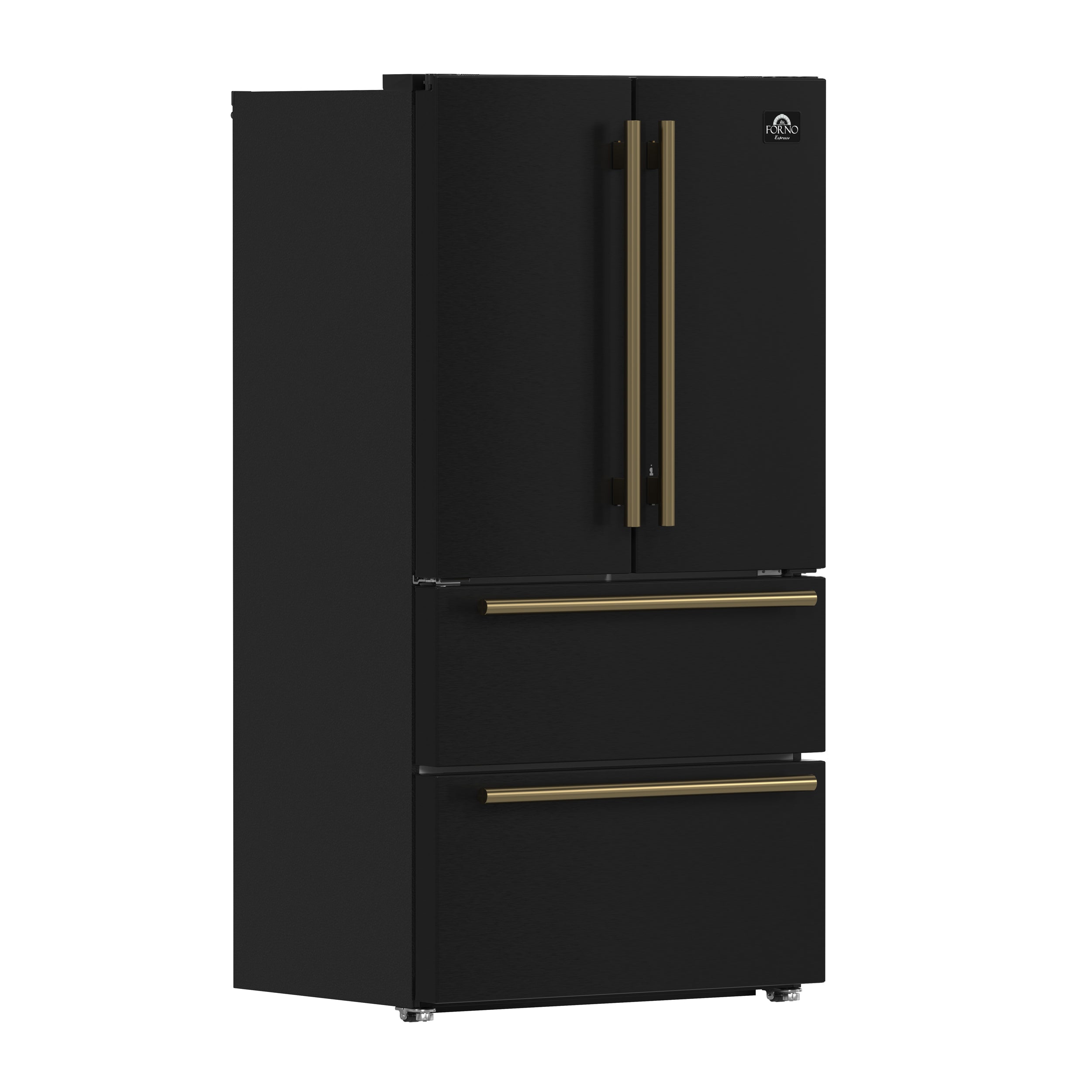 FORNO Moena 36-Inch Counter-Depth Refrigerator, 19.2 cu. ft., with Ice Maker, Black with Antique Brass Handles (FFRBI1820-36BLK)