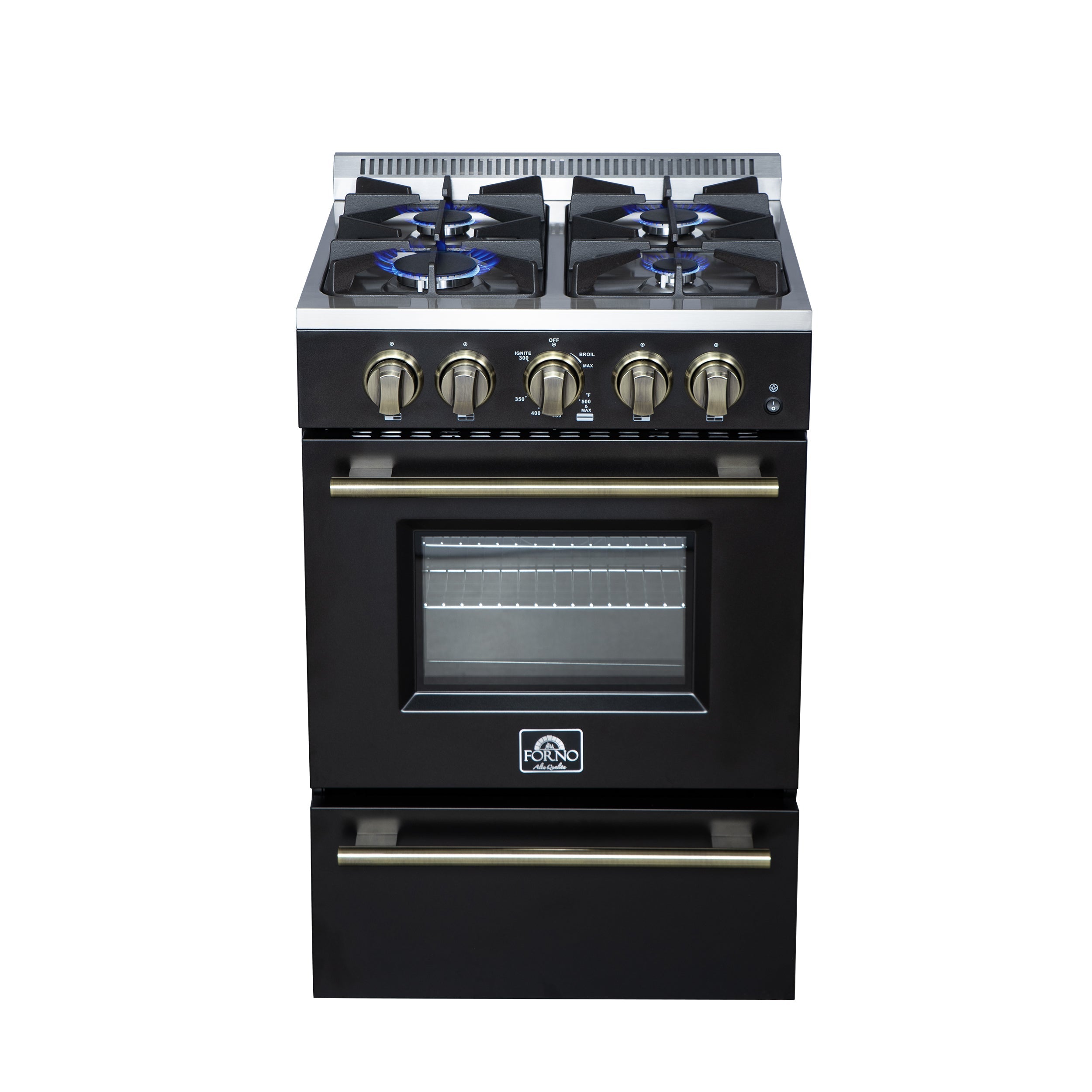 Forno Breno 24-Inch Freestanding Gas Range, 2.3 Cu. Ft. Oven, 4 Sealed Burners, Storage Drawer, Air Fryer Kit, Black with Antique Brass Accents (FFSGS6272-24BLK)