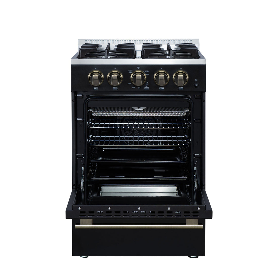 Forno Breno 24-Inch Freestanding Gas Range, 2.3 Cu. Ft. Oven, 4 Sealed Burners, Storage Drawer, Air Fryer Kit, Black with Antique Brass Accents (FFSGS6272-24BLK)