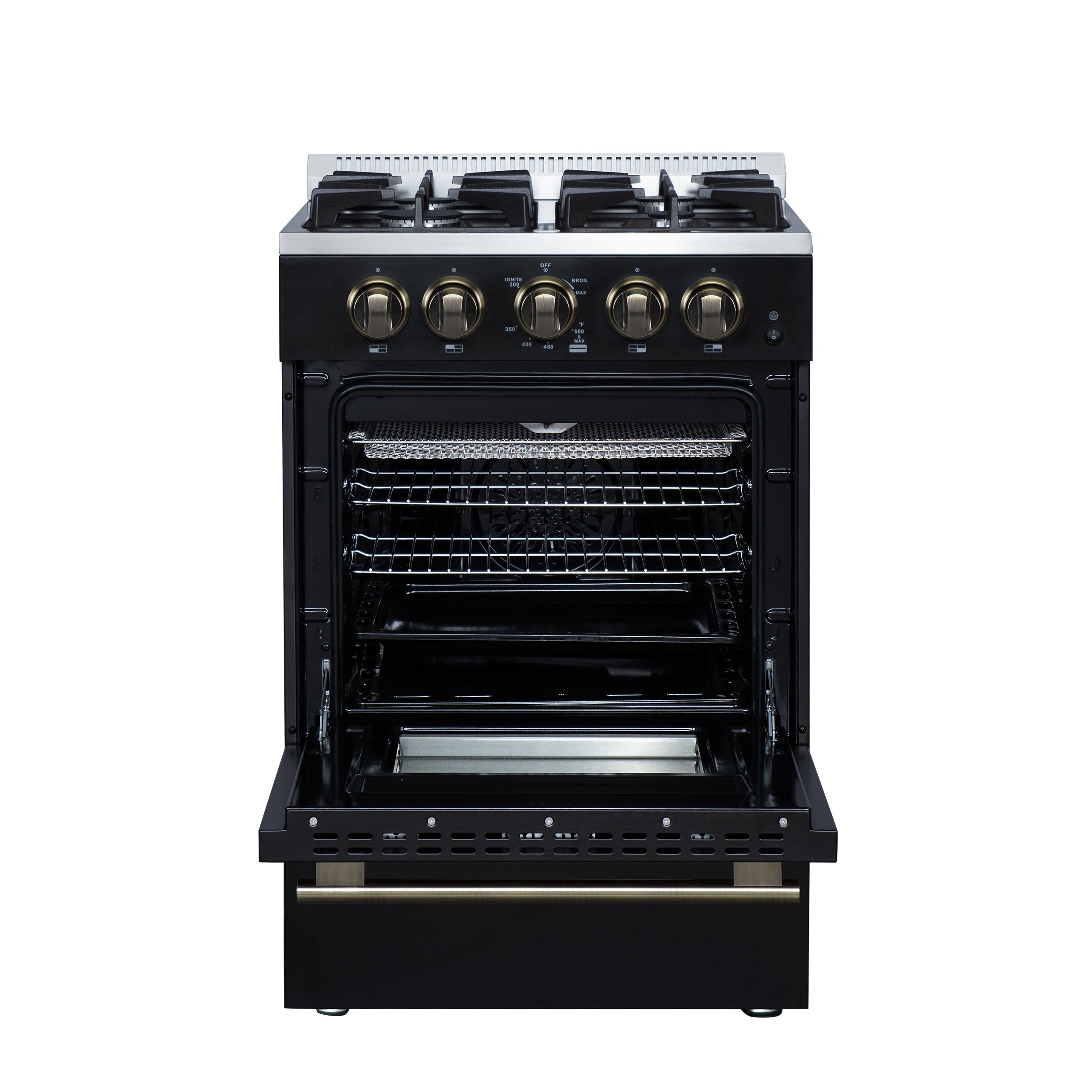 Forno Breno 24-Inch Freestanding Gas Range, 2.3 Cu. Ft. Oven, 4 Sealed Burners, Storage Drawer, Air Fryer Kit, Black with Antique Brass Accents (FFSGS6272-24BLK)