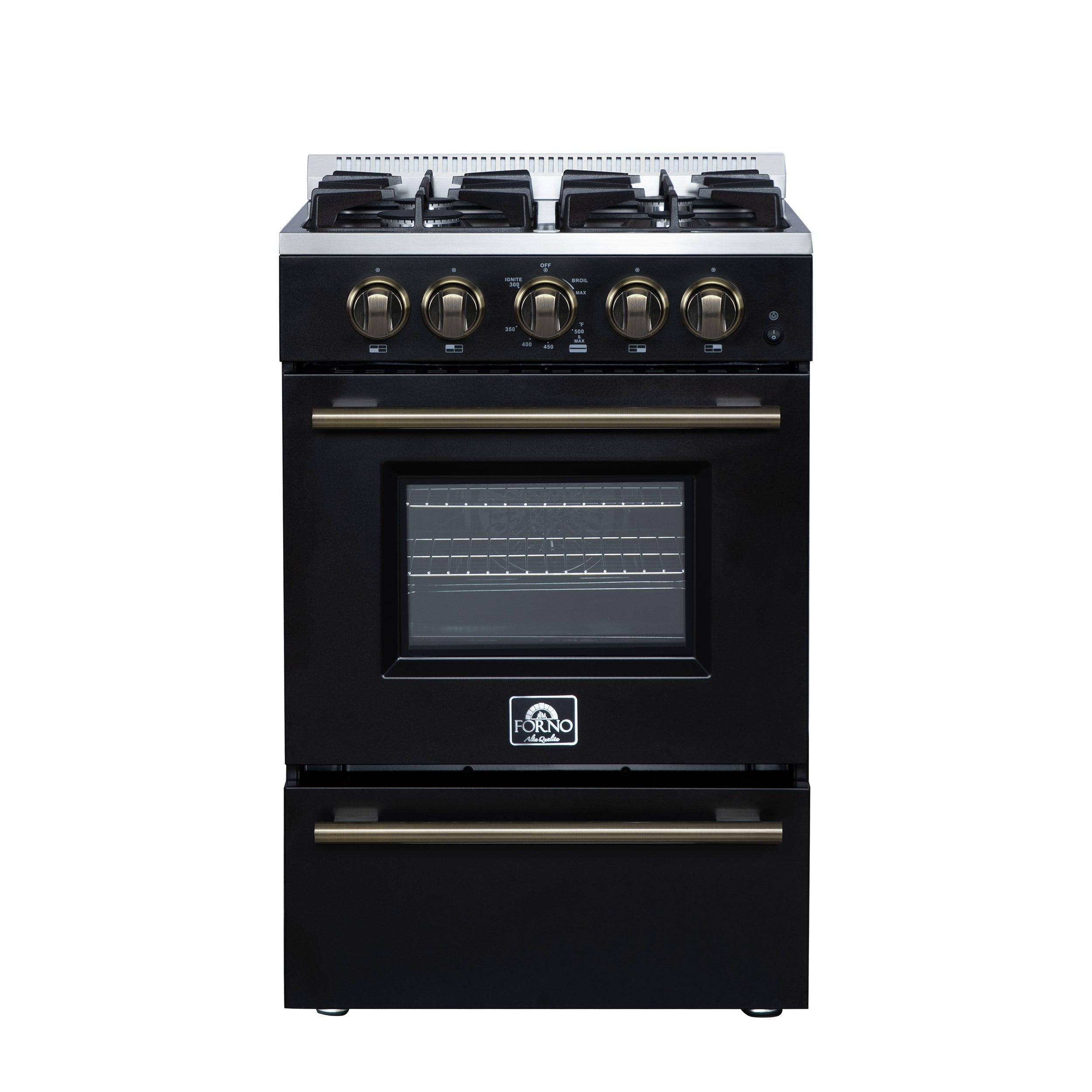 Forno Breno 24-Inch Freestanding Gas Range, 2.3 Cu. Ft. Oven, 4 Sealed Burners, Storage Drawer, Air Fryer Kit, Black with Antique Brass Accents (FFSGS6272-24BLK)